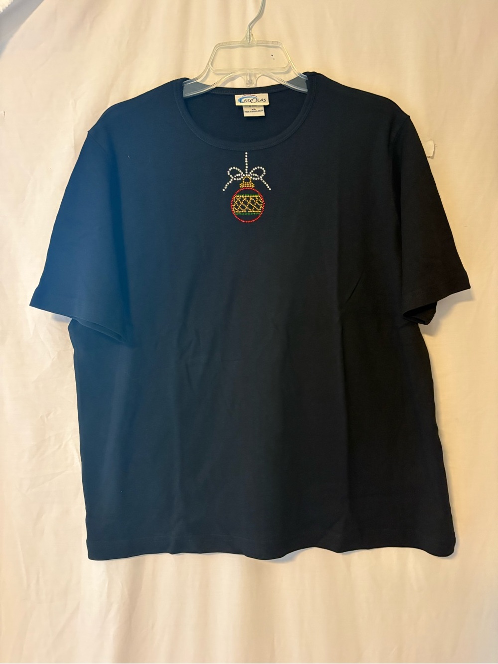 Women's Black Short-Sleeve Tee with Rhinestone Ornament-Handmade